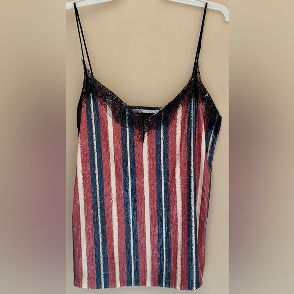 ZARA BASIC Tank-Top Womens M Striped Sequin Lace Trim Shiny Festival Party Cami